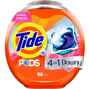 Tide PODS Laundry Detergent soap with a touch of Downy 4-in-1 Detergent, 32 Count, Stain Remover, Freshness, Softness, Fabric Protecter, HE Compaible