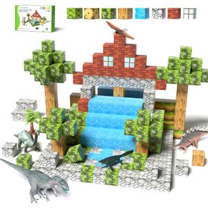 Magnetic Blocks 108PCS, Dinosaur Magnetic Building Blocks with 6 Dinosaur Figures, Stacking Magnetic Building Toys for Kids Ages 3-5 4-8, STEM Educational Construction Toy, Gift for Boys Girls (Yellow)