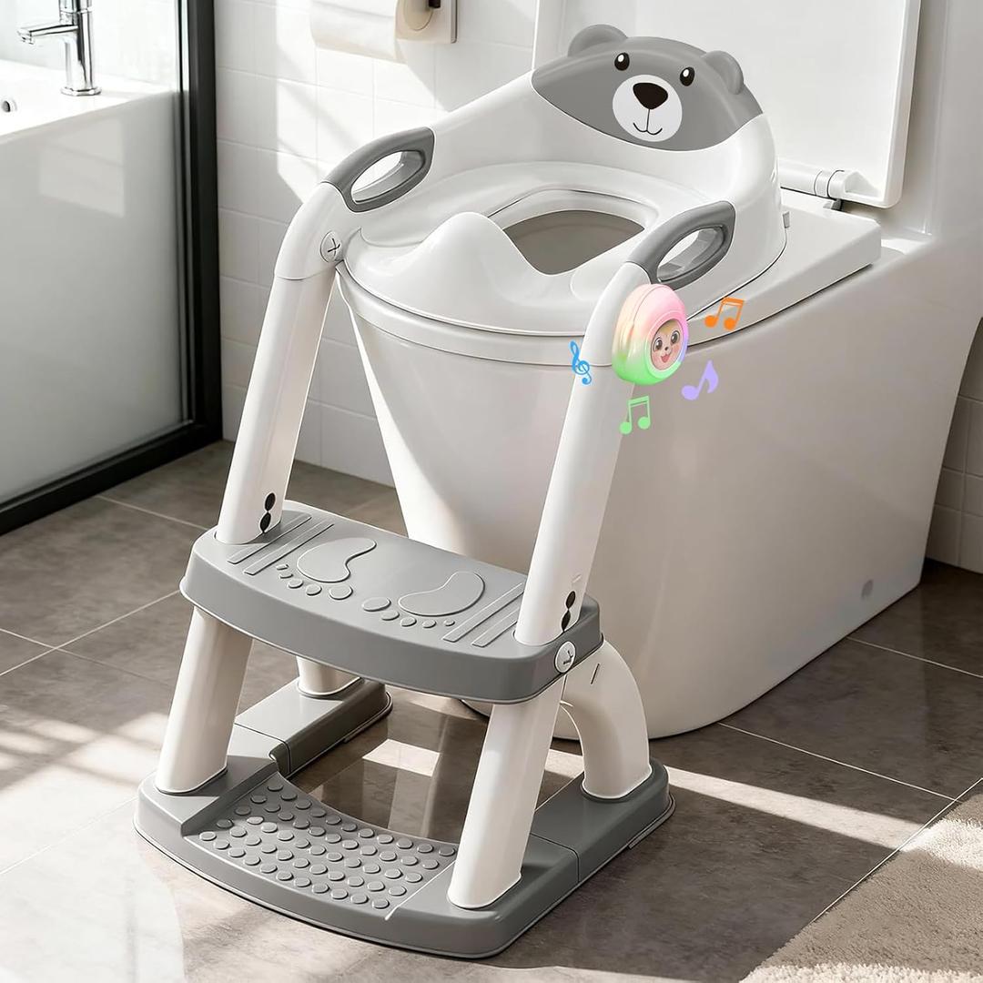 Potty Training Seat SKYROKU Potty Training Toilet with Step Stool Ladder, for Kids Boys Girls Toddlers - Comfortable Safe Potty Seat with Anti-Slip Pads Ladder (8899Music-Black)