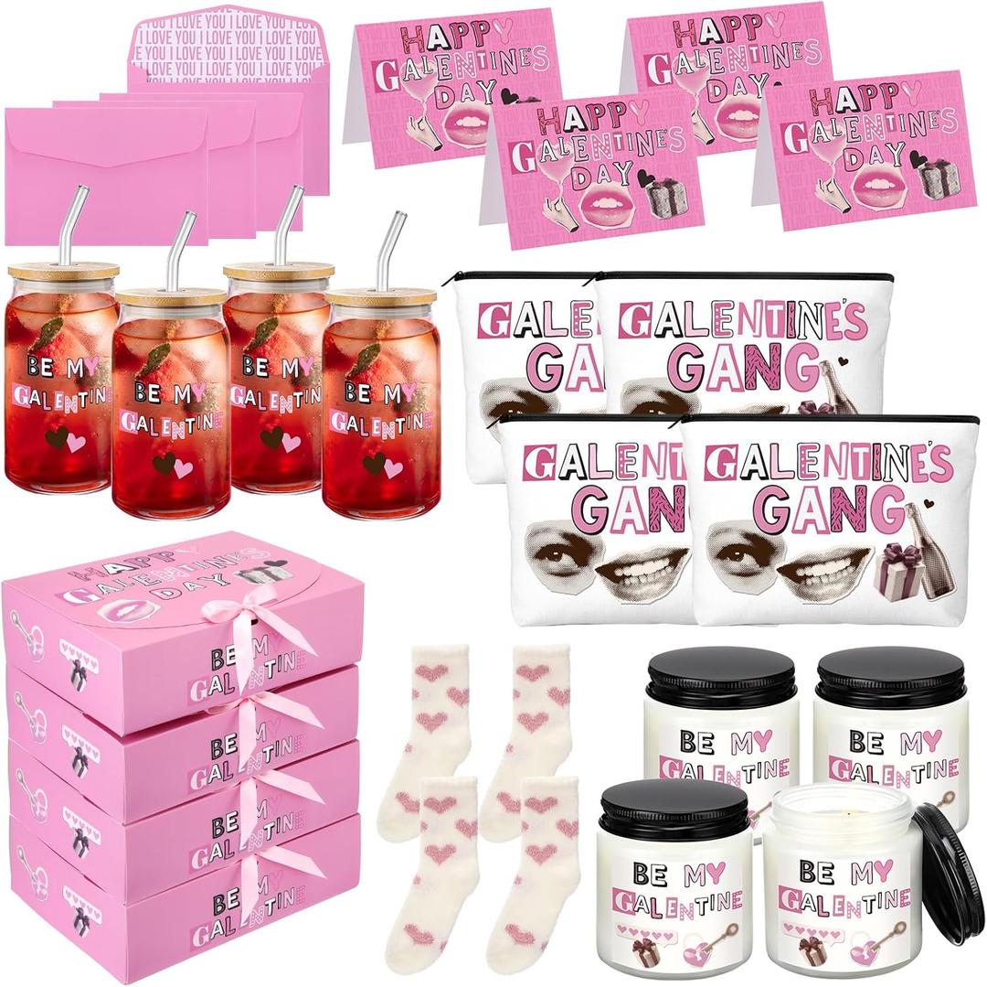 Potchen 32 Pcs Galentine's Day Gift Set Include 17 oz Galentine Glass Cup Makeup Bag Sock Rose Scented Candle Greeting Card Envelope with Box Valentine Friendship Gifts for Women Female Sister