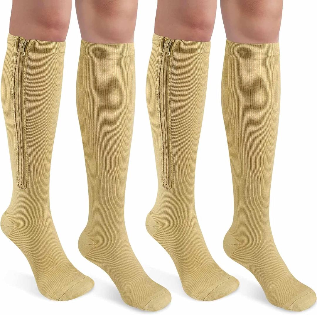 CASMON 2 Pairs Zipper Compression Socks for Women & Men, 15-20 mmHg Closed Toe Knee High Support Sock for Varicose Vein Edema, L-XL