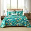 ENASAL Cotton Bedspread Quilt Sets Reversible Bedding Coverlet Sets Comforter, Vintage Floral Farmhouse Pastoral Turquoise Bedspread, Queen Size