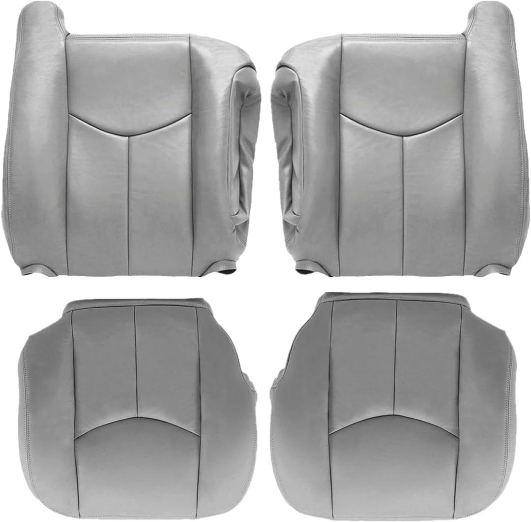SecosAutoparts Driver & Passenger Side Bottom & Top Lean Back Leather Seat Cover Light Gray # 922 Compatible with Chevy GMC Tahoe Suburban Avalanche Yukon Silverado Sierra 2003 2004 2005 2006