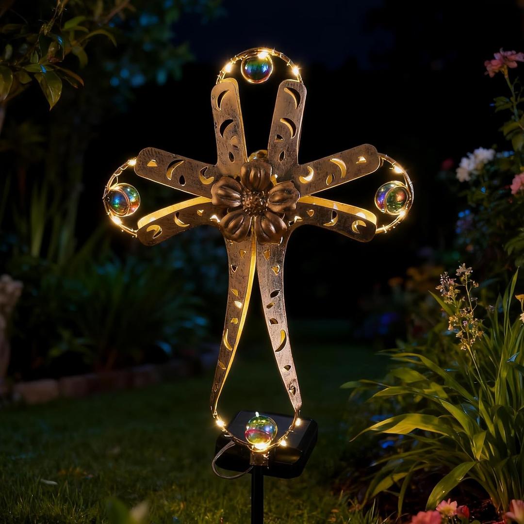 Solar Power Cross Stake Warm White Color Florals Solar Lights Garden Decor Memorial Gift Cemetery Decoration LED Outdoor Landscape Light