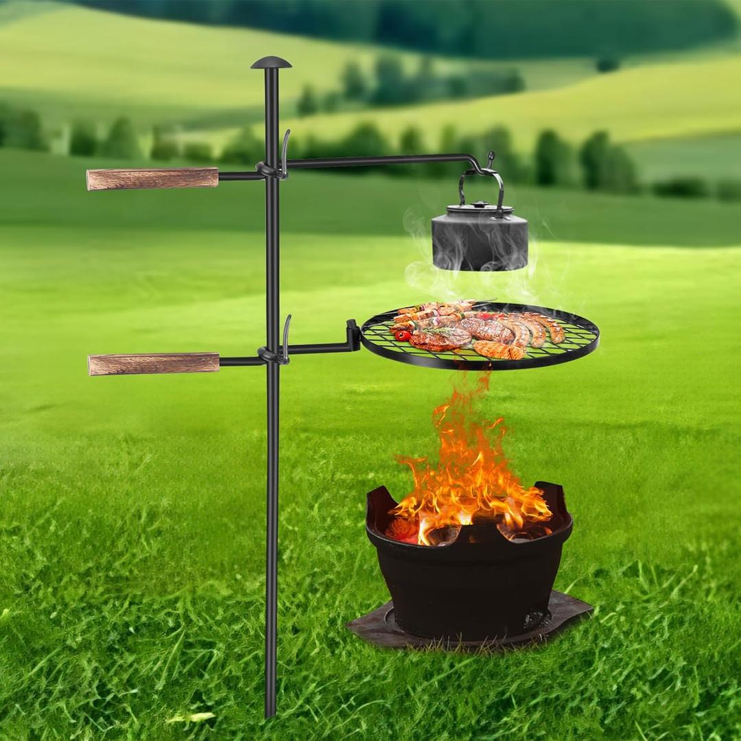BreeRainz Swivel Campfire Grill,360 Adjustable Camp Over Fire Pit Grill,Multipurpose Cooking Equipment for Camping Outdoor BBQ