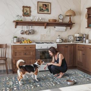 Washable 2x8 Hallway Runner Rug: Vintage Water-Resistant Kitchen Entryway Rug Ultra Soft Living Room Bedroom Carpet Non Slip Indoor Low Pile Floor Mat for Bathroom Dining Room(2x8,Floral/Blue)