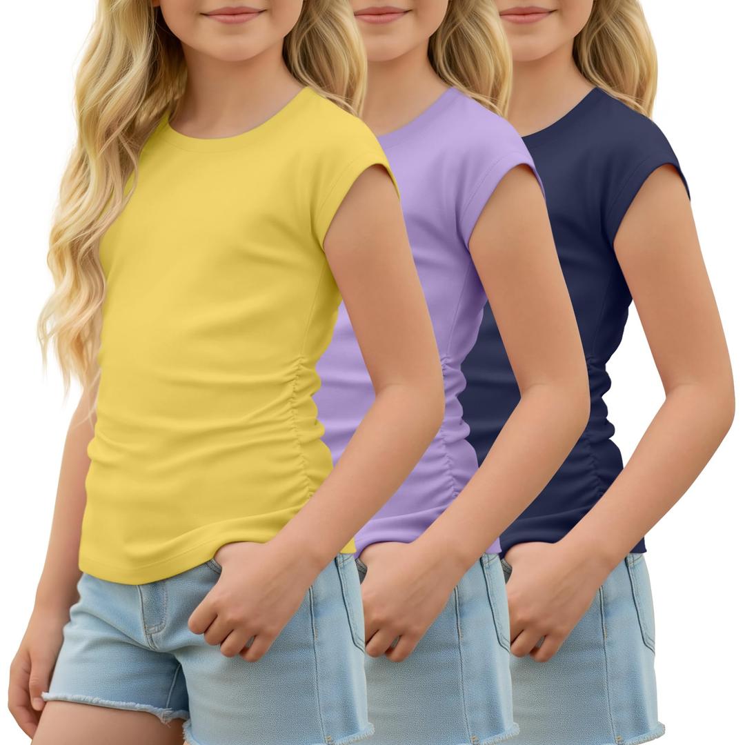 Yooo's Vivi 3 Pack Girls Cap Sleeve T Shirts, 3-Color, 11-12 Years