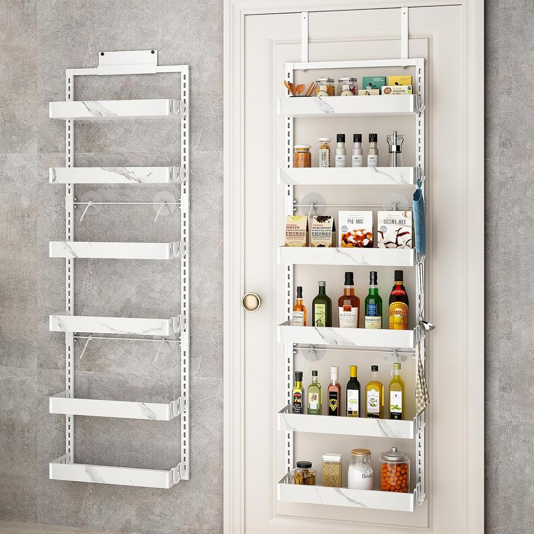 bukfen Over the Door Pantry Organizer, 6Tier Adjustable Wooden Basket Kitchen Pantry Door Organization and Storage, Heavy Duty Metal Hanging Kitchen Spice Rack,D6.3 x W17.71 x H50.60 inch, White
