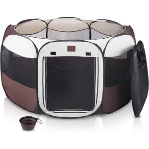 Portable Foldable Playpen Exercise Kennel Dogs Cats Indoor/outdoor Removable Mesh Shade Cover, Carrying Case & Collapsible Travel Bowl (Large)