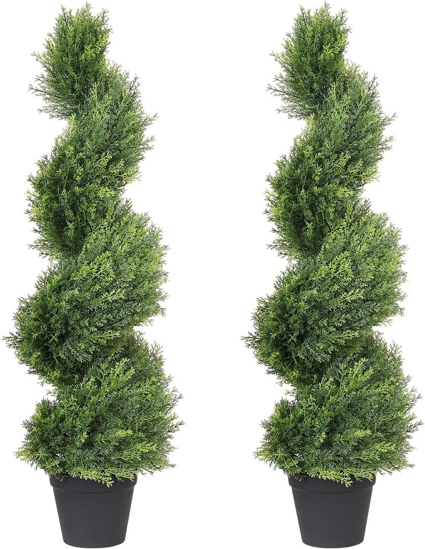 THE BLOOM TIMES 3ft Artificial Topiary Trees Set of 2, 36 inch Faux Cedar Cypress Spiral Topiary Trees Outdoor - Fake Plants for Garden Front Porch Indoor Outside Planter Decor 3 Foot (Cedar Yellow Green)