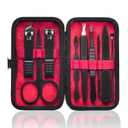 Manicure Set 9 in 1 Stainless Steel, Nail Clippers Scissors Pedicure Tools Kit - Portable Travel Grooming Kit for Men and Women with Black/Red Leather Case (Red)