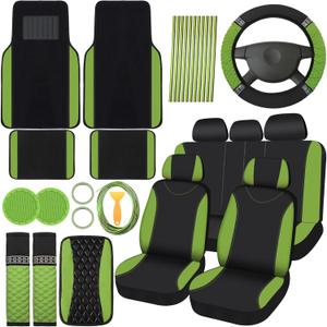 BBTO 43 Pcs Bling Car Accessories Set for Women Front Seats and Rear Bench Polyester Car Seat Protectors Wheel Cover Seat Floor Mats Full Crystal Automotive Interior Decor(Green)