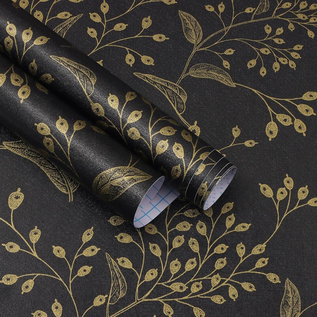 Heroad Peel and Stick Wallpaper Black Contact Paper Gold Floral Wall Paper Modern Boho Removable Contact Paper for Cabinets Drawers Bedroom Self Adhesive Vinyl Papel Tapiz para Pared 118" x 17.3"