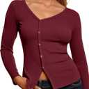 Yousify Long Sleeve Shirts for Women 2025 Fall V Neck Button Up Long Sleeve Ribbed Knit Slim Fit Going Out Tops (Large, Burgundy)