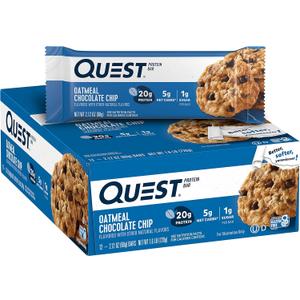 Quest Nutrition Oatmeal Chocolate Chip Protein Bars, 20g Protein, 1g Sugar, 5g Net Carb, Gluten Free, Keto Friendly, 12 Count, BB Date 04/16/2026