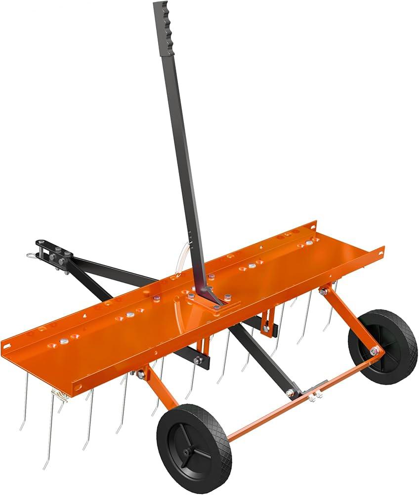 PPOLB 48 Inch Orange Tow-Behind Dethatcher with 24 Spring Steel Tines, Pull Dethatcher for Outdoor Yard Care, Garden Farm Grass Tractor Rake to Remove Thatch, Leaves and Needles from Large Lawn Areas