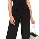 WDIRARA Women's Layered Ruffle Cap Sleeve Notched V Neck Belted Jumpsuit Pants, Size:XL