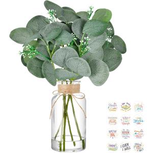 DomeStar 7pcs Artificial Eucalyptus Stems in Clear Vase, 12inch Dried Eucalyptus Plant with Tags Faux Water Dried Flowers Arrangement for Home Office Decoration Wedding Party