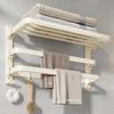 VOLDRA Towel Racks for Bathroom, 24-Inch Towel Shelf with 2 Towel Bar Foldable Towel Holder with 7 Hooks Towel Storage Organizer for Bathroom & Lavatory Wall Mounted(Milky White)