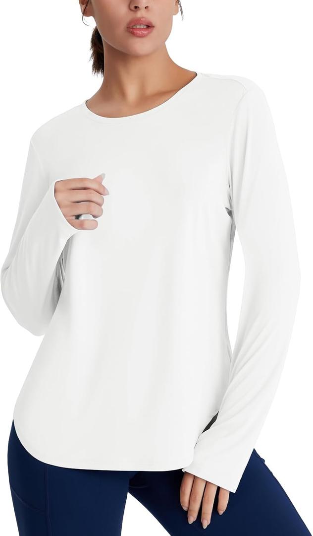 Women's Rash Guard Long Sleeve UV Sun Protection Shirts with Thin Hoodie UPF 50+ Lightweight SPF Tops for Hiking (Large, White)