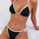Tainehs Women's Sexy Halter Thong Bikini Tie Two Sides Bottom Triangle Bikini Swimsuits (Black, L)
