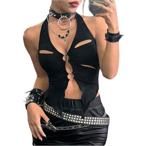 MakeMeChic Women's Sleeveless Halter Crop Tops Ring Cut Out Backless Split Y2k Top (Medium, Black)