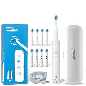 GRAUICI Deep Clean Rechargeable Electric Powered Toothbrush, Rechargeable Electric Toothbrush with 8 Brush Heads, Pressure Sensor to Protect Gums (White)