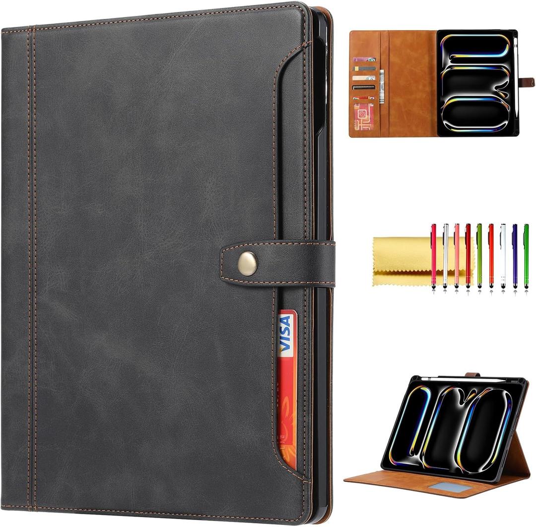 Folio Case for iPad Pro 13 (M4) 2024 7th Gen, TECHCIRCLE Vegan Leather Folding Stand [Built-in Pencil Holder] Soft TPU Back Shell Protective Smart Cover with Card Slots & Pockets, Black