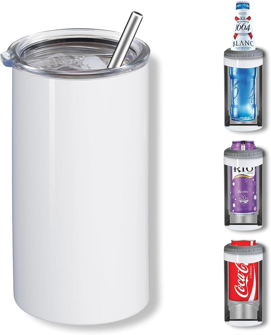 MURRICON 16 oz Sublimation Tumblers Blanks Straight,4-in-1 Sublimation Skinny Can Cooler,Stainless Steel Insulated Sublimation Tumblers,with Lid and Straw,1 Pack