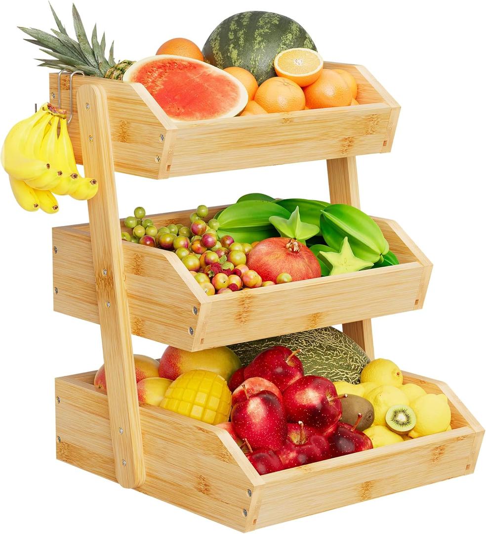 Bamboo 3 Tier Fruit Basket For Counter With Two Banana Hook, Fruit And Vegetables Basket, Large Capacity Wood Fruit Bowls, Fruit Organizer For Kitchen Counter, Onion Storage, Bread Pantry (Bamboo)