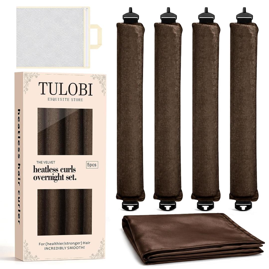 TULOBI Heatless Curls Overnight, 4PCS Jumbo Velvet Heatless Curling Rods with Satin Scarf & Mesh Bag, Hair Curlers to Sleep in, No Heat Blowout Rollers for Long Thick Fine Hair, Brown