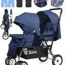 Double Stroller for Infant Toddler, Foldable Double Baby Stroller with Tandem Seating and Adjustable Backrest - Extra Gift Toys/Mosquito Net/Sleeping Mats/ 2 Cotton Pads/ 2 Hooks (Blue)