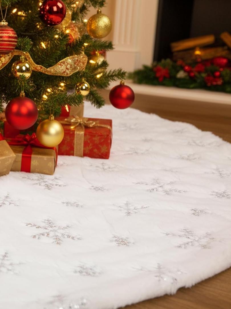 Christmas Tree Skirt 36 Inch for Xmas Tree Holiday Party Decorations, White Plush Silver Sequin Snowflake (Silver)