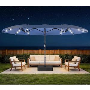 HOPERAN 15FT Patio Umbrella with Solar Lights, Large Outdoor Double-Sided Rectangle Table Umbrella with Easy Crank Lift, Market Umbrella for Backyard, Pool&Garden