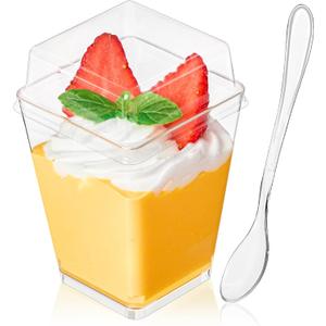 5 oz Plastic Dessert Cups with High Flat Lids and Spoons, 50 Pack Mini Clear Parfait Cups Square Party Serving Cup for Pudding, Appetizer, Fruit and Jello