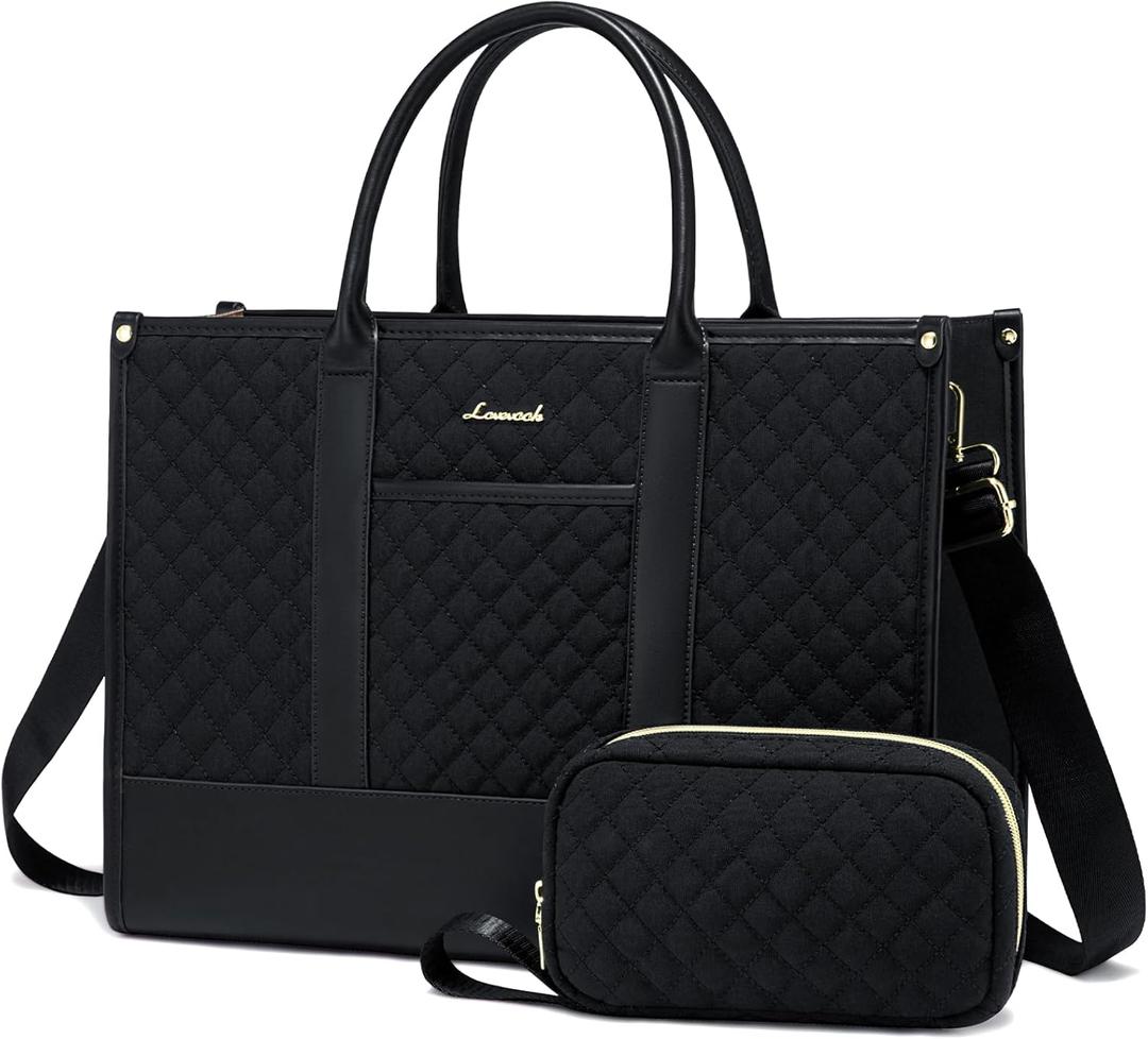 LOVEVOOK Laptop Bags for Women, 17 inch Waterproof Work Tote Bag with Clutch, Professional Teacher Computer Purse Lightweight Shoulder Bag Travel, Quilted Black