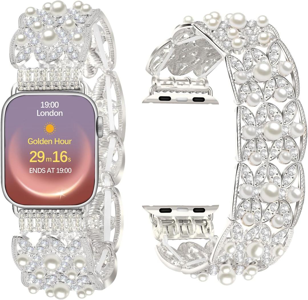 VIQIV Pearl Bracelet Compatible with Apple Watch Bands for Women 38/40/41/42/44/45/46/49mm Iwatch Series SE/SE2/10/9/8/7/6/5/4/3/Ultra 2, Cute Stretchy Bling Fancy Dressy Jewelry Metal Strap for Girls