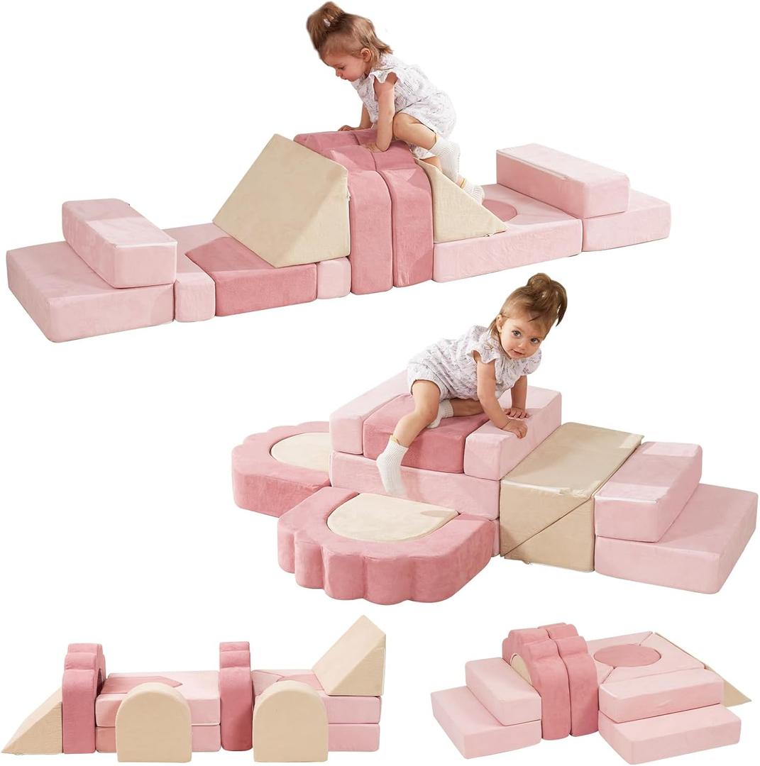 Foam Climbing Toys for Toddlers, 13pcs Climb and Crawl Activity Playset, Soft Play Climbing Blocks for Toddlers, Indoor Crawling Sliding Toys, High-Density Foam Play Structures for Playroom (Pink & Beige)