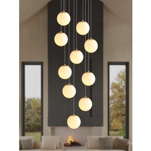 ykolupty 10-Light Gold Chandelier with White Globe Glass Dimmable Ceiling Light Glass Pendant Light for Kitchen Island, Dining Room, Living Room, Entry Hallway, LED Bulbs Included