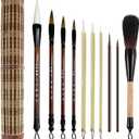 10-Piece Chinese Calligraphy Brush Set - Premium Writing Brushes with Roll-up Bamboo Brush Holder
