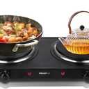 Countertop Double Cast Iron Burner 1800 Watts Electric Hot Plate with Adjustable Temperature 6.1" Cooktop for Dorm, Office, Home, Camp, Compatible for All Cookwares