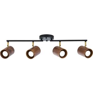 Modern 4-Light Track Lighting Kit Fixture, Adjustable Matte Black Finish and Dark Wood Lampshade Ceiling Light, Brass Swivel Item Kit, for Living Room, Kitchen, Artwork