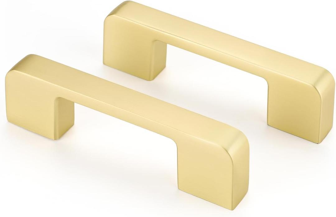 Haliwu 5 Pack Cabinet Handles Brushed Gold Cabinet Pulls 3 Inch Hole Center Drawer Pulls Modern Square Dresser Handles for Bathroom Kitchen Bedroom, Zinc Alloy