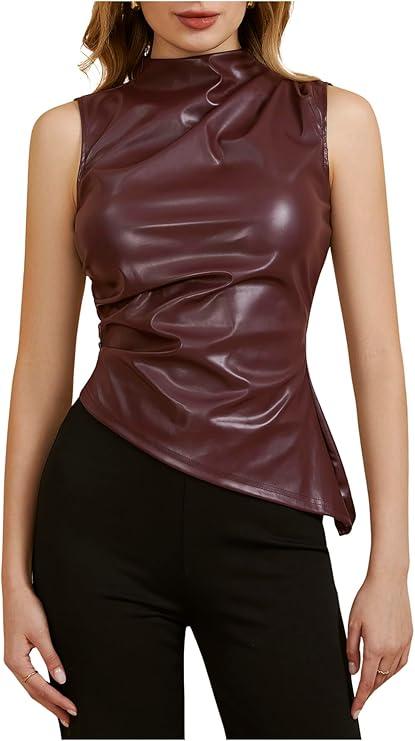 MakeMeChic Women's PU Leather Tank Top Mock Neck Y2k Ruched Party Sleeveless Leather Tops Burgundy B, Small