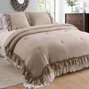 Masaca Ruffled Comforter Set Queen,Farmhouse Shabby Bedding Comforter Sets Vintage French Country Taupe and White Bedding 3PCS1 Shabby Comforter and 2 Ruffle Pillowcases