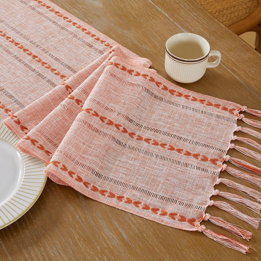 Wracra Fall Table Runner Linen Farmhouse Table Runners 108 inches Long Autumn Table Runner with Hand-Tassels for Thanksgiving, Party Decor and Dining Room Decorations (Hemstitched Orange, 13"108")