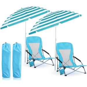 Huwena 2 Pack Beach Chair for Adult with 2 Umbrella Low Folding Chair Detachable Adjustable Lightweight with Armrests Cup Holder Carry Bag Portable for Sand Camping Travel Outdoor Pool (Blue)