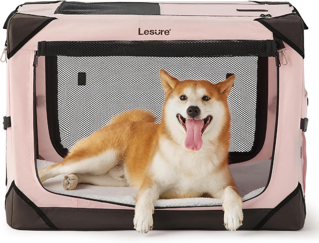 Lesure Collapsible Dog Crate - Portable Travel Kennel for Medium Dog, 4-Door Pet Crate with Durable Mesh Windows, Indoor & Outdoor, Pink (30.0"L x 21.0"W x 21.0"H)