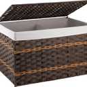 OIAHOMY Storage Basket with Lid, 27.7 Gallon (105L) Blanket Basket with Removable Liner Bag, Synthetic Wicker Hamper with Handle, Hamper for Living Room, Brown