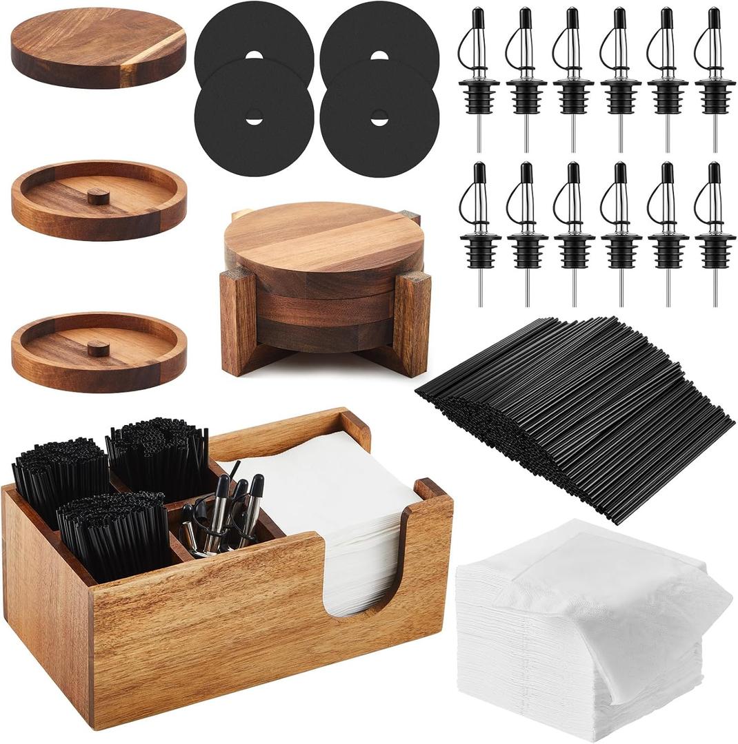 Mifoci Bar Glass Rimmer Bartender Tool with 12 Pcs Stainless Steel Classic Bottle Pourer Bar Caddy with 6 Compartment 1000 Pcs Coffee Cocktail Stirrers 200 Napkin (3 Tier,Multifunctional Acacia Wood)